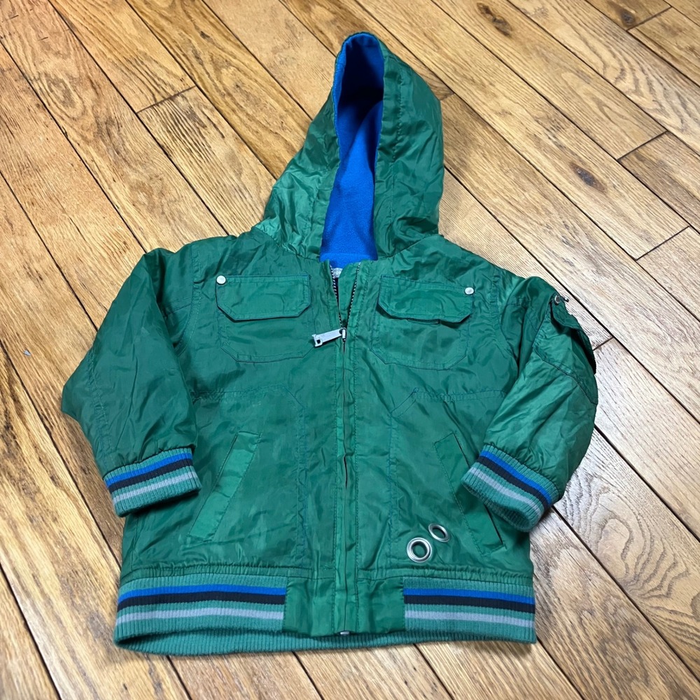 Pumpkin Patch Boys Green Hooded‎ Windbreaker Jacket Blue Fleece Lined 24 Months